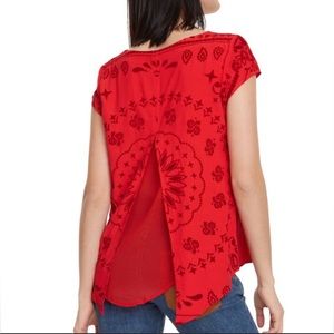 Desigual Crepe Viscose Split Back Mesh Top Red Small